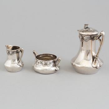 An Art Nouveau three piece silver 830/1000 coffee service, unknown maker.