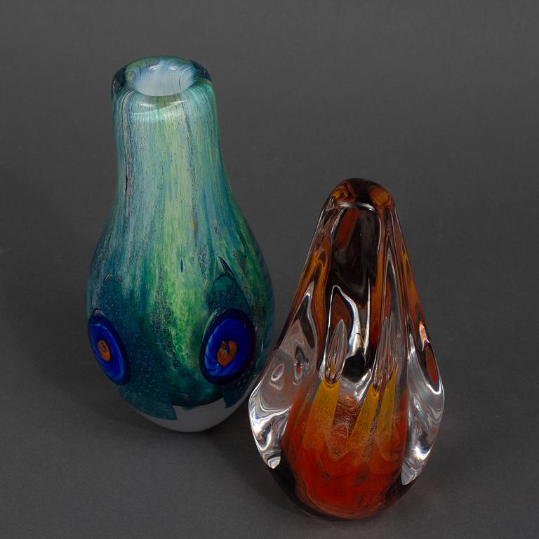 Monica Backström, two glass sculptures, 'Vatten' and 'Eld' from the series 'De fyra elementen', Kosta Boda.