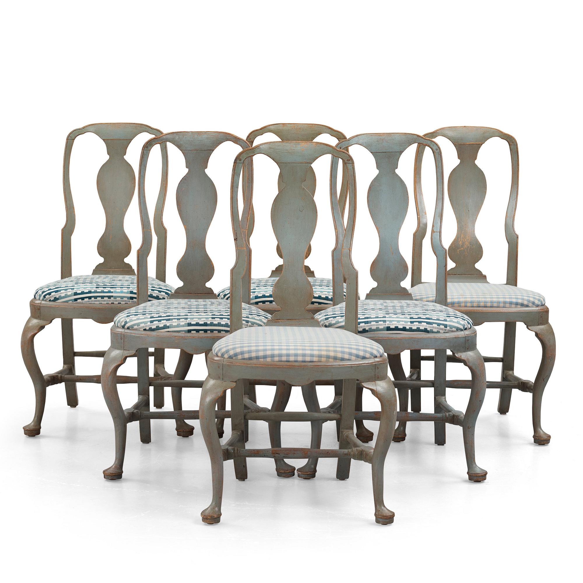 A set of six Swedish Rococo chairs, mid 18th century.