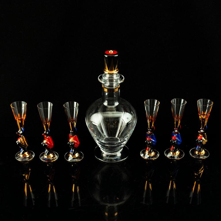 Gunnar Cyrén, a set of six "Devil" shot glasses and a decanter from the "Nobel" series, Orrefors Sweden post 1996.