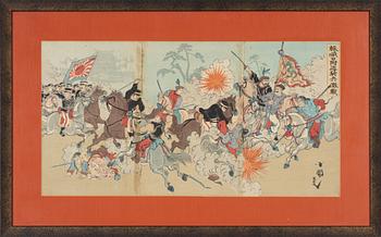 Utagawa Kokunimasa, a woodblock print triptych, early 20th Century.