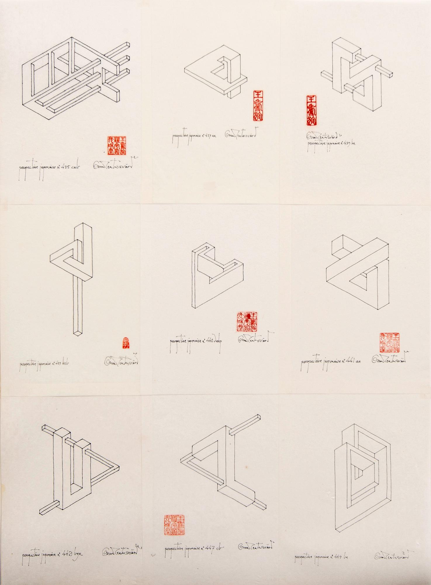 Oscar Reutersvärd, ink drawings 9 sheets, signed, no 18.