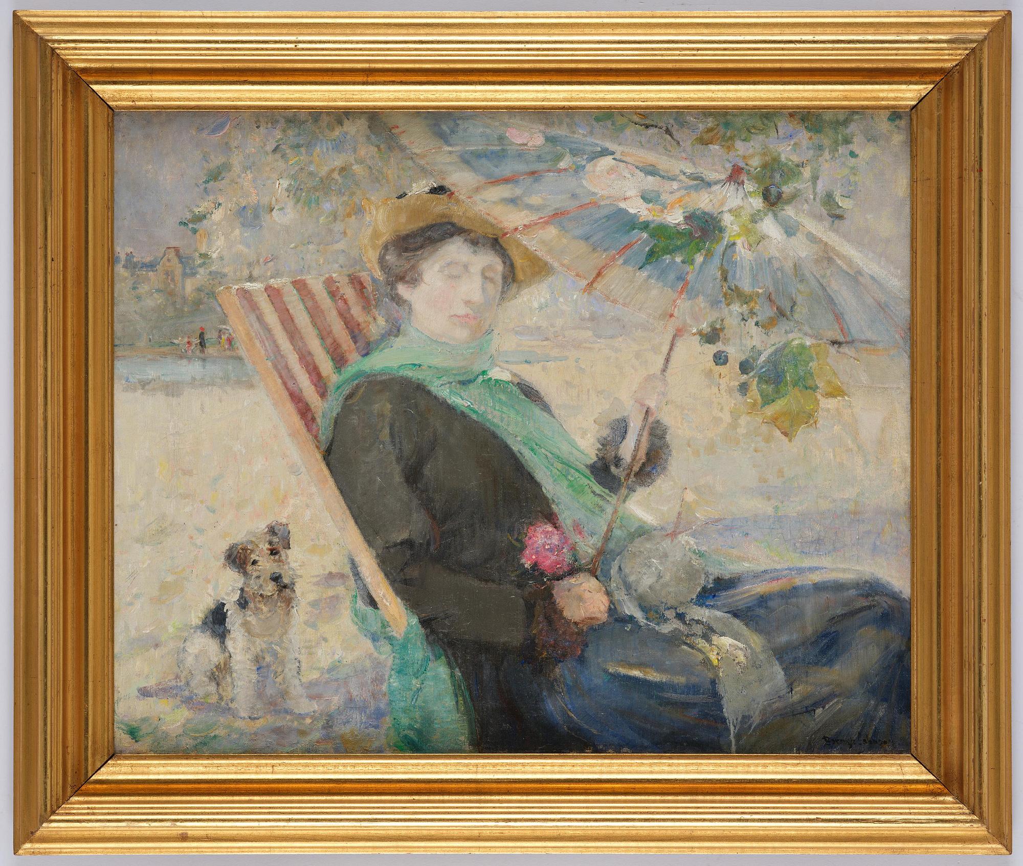 Ernest Borough-Johnson, Translation: "Seated woman with parasol and dog".