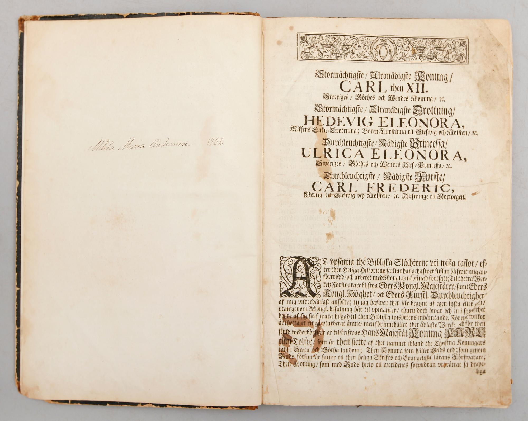 BOK, "En book af menniskiones slächt, och Jesu Christi börd", Johan Peringskiöld, 1713.