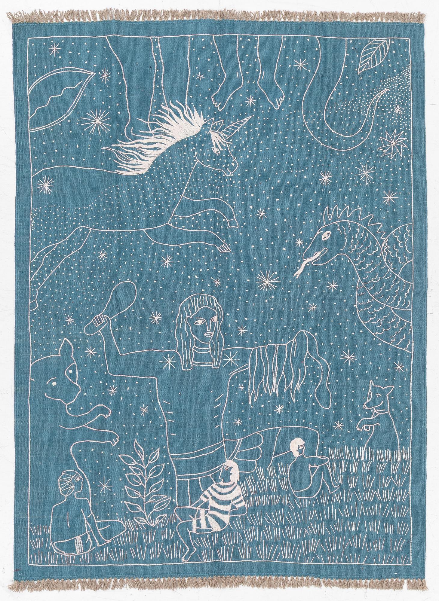A hand-embroidered Kelim rug, c. 198 x 147 cm.