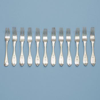 947. A set of 12 Swedish early 19th century silver forks, makers mark of Johan Lindgren, Gävle 1806.