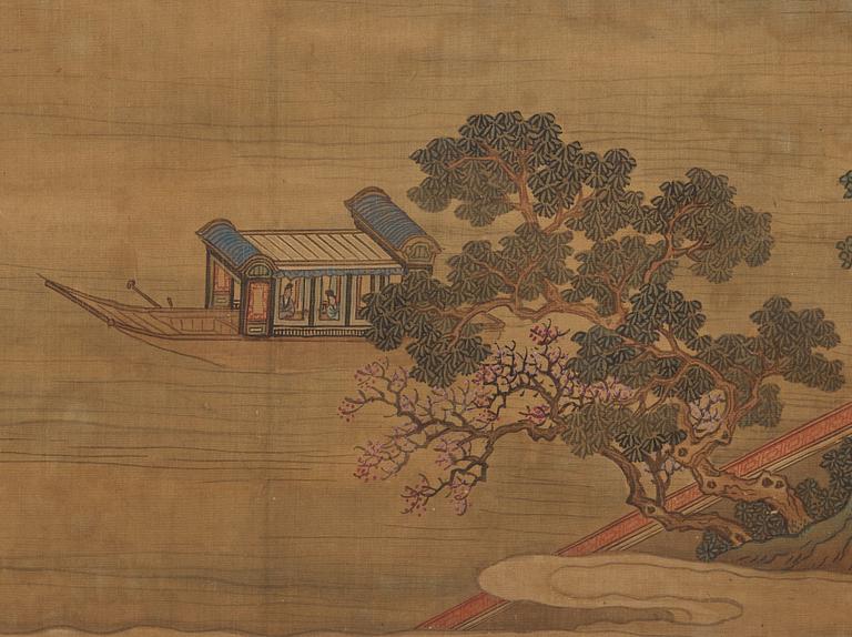 RULLMÅLNING,  flodlandskap i Qiu Yings (1494-1551) stil, sen Qingdynasti (1644-1912).