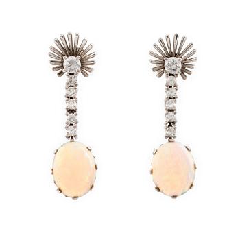 556. Opal and round brilliant cut diamond earrings.