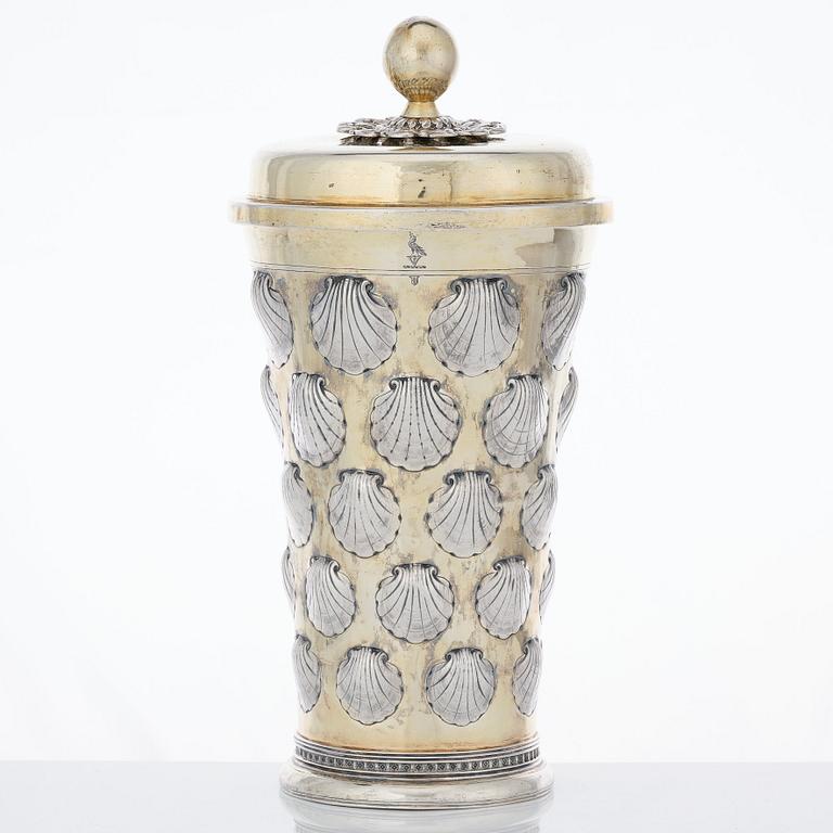 A 17th century parcel gilt silver beaker and cover, unidentified makers mark, possibly Balticum.