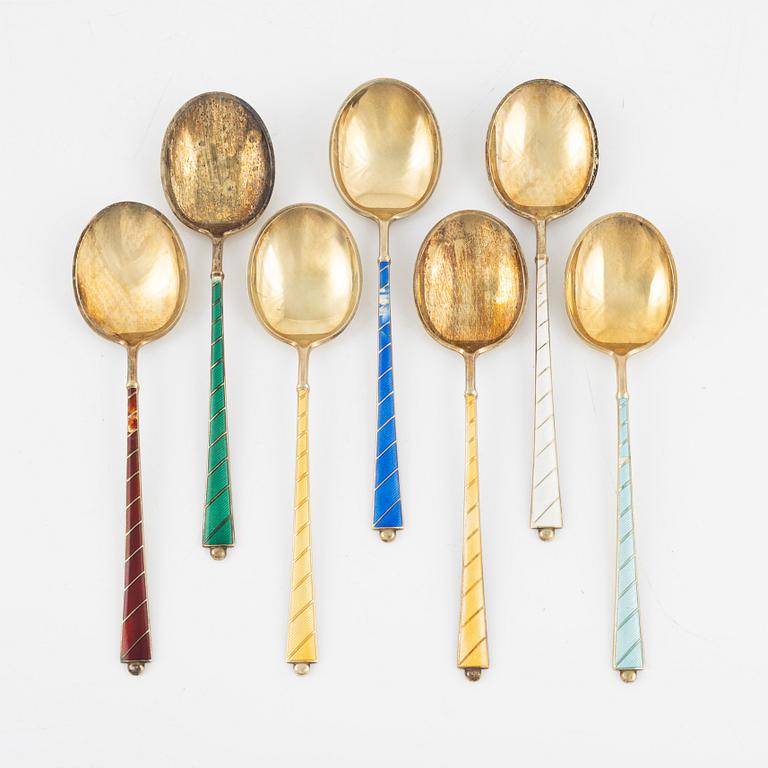 Seven silver-gilt and enamel tea spoons, Denmark mid 20th Century.