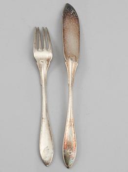 FISKBESTICK, nysilver, 15 st, märka med loggotyp från Stockholmsutställningen 1930 samt restaurangen Tre Remmare.
