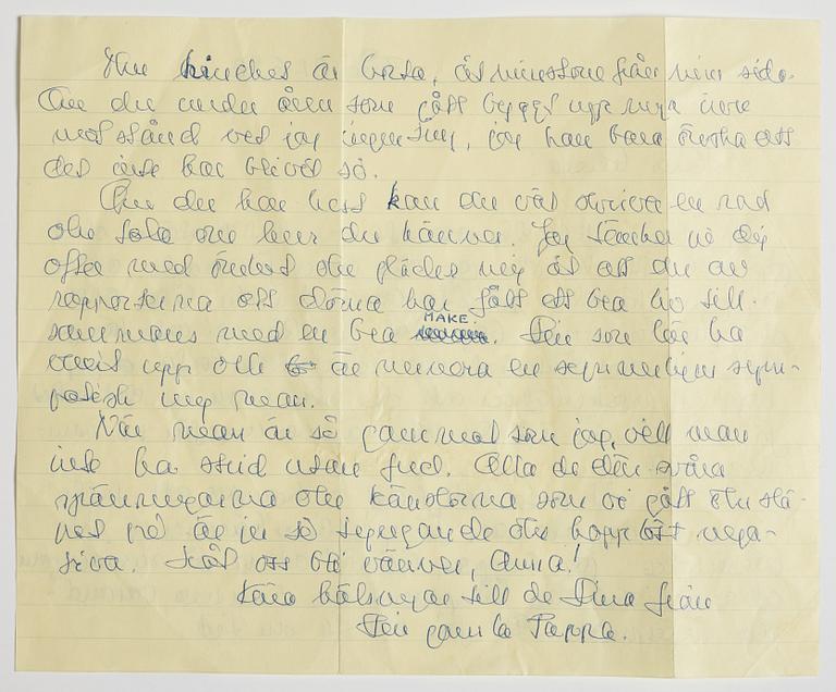 LETTER from Ingmar Bergman to his daughter Anna in London, dated Fårö 21.6.(19)92. Envelope enclosed.