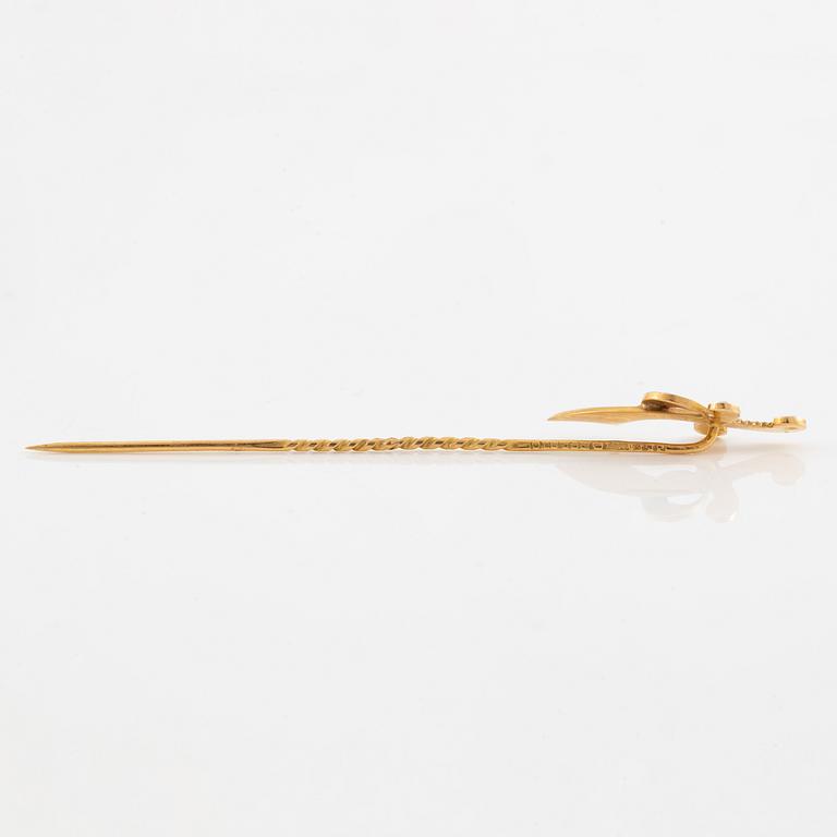 Tie pin/hat pin, in the form of a sword, 18K gold with seed pearls.