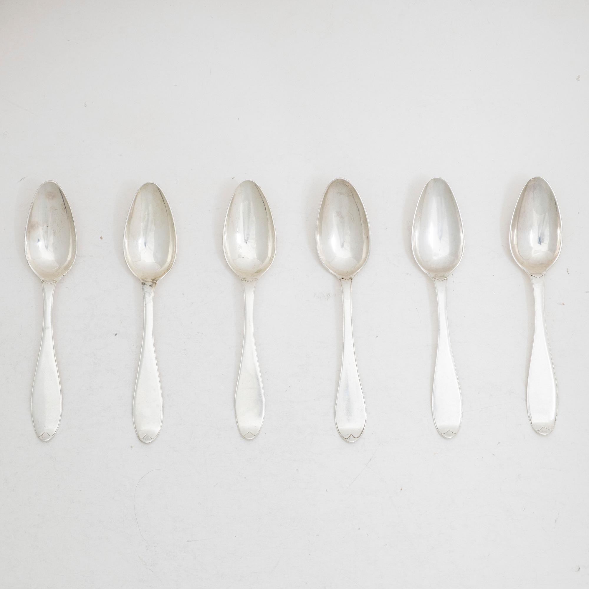 Carl Fredrik Seseman, six silver spoons, model "Rococo", Arboga 1804-1809.