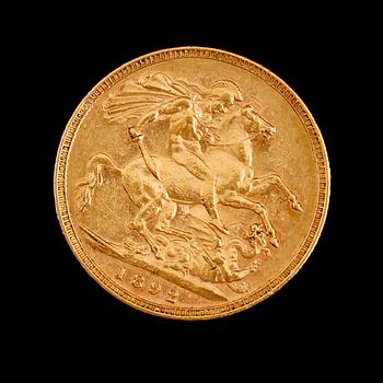 GULDMYNT, sovereign, Victoria 1892. Vikt ca 8 gram.