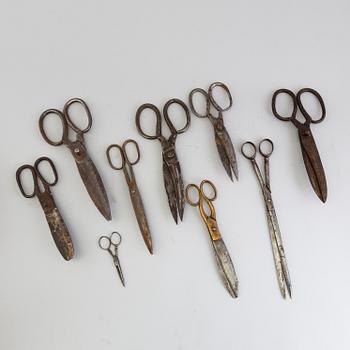 9 pair of iron and metal scissors from the 19th century.