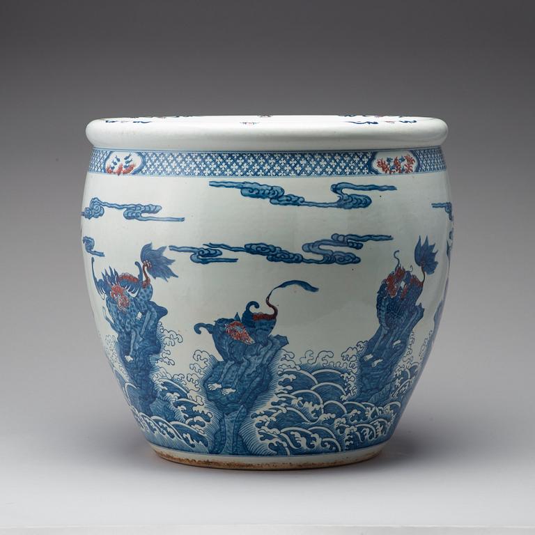 A pair of massive blue and white and iron red basins, China, 20th Century.