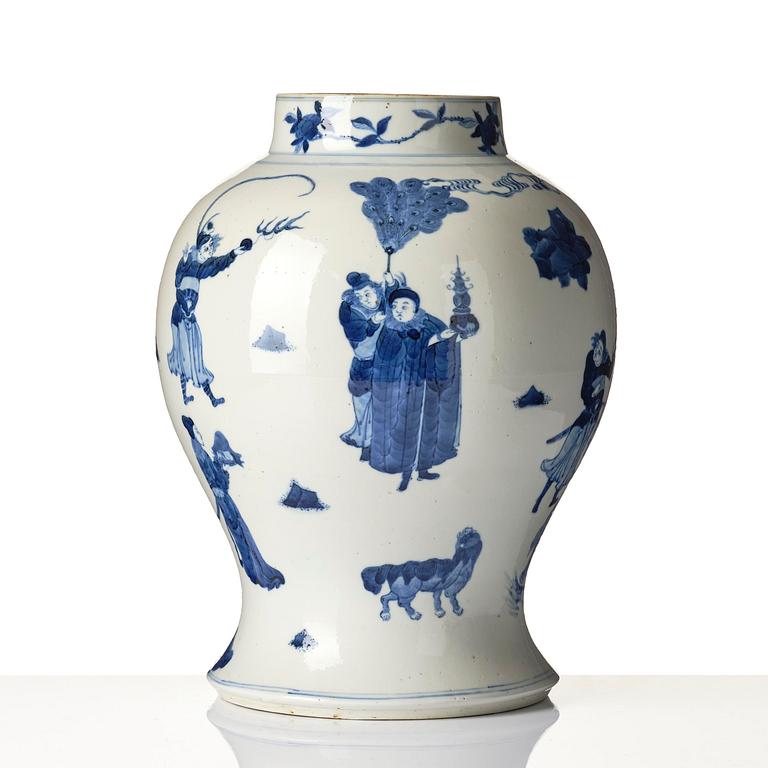 A blue and white 'foreigners bearing tribute' jar, Qing dynasty, 19th century.