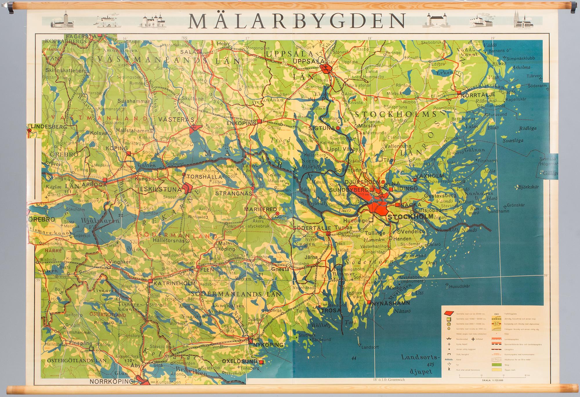 SKOLKARTA, "MÄLARBYGDEN", Kartförlaget, Stockholm,  1960-tal.