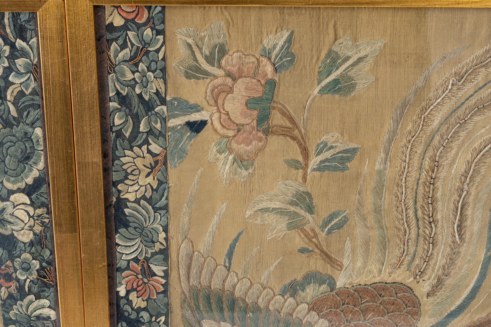 A pair of silk embroideries, China, Qing dynasty, 19th century.