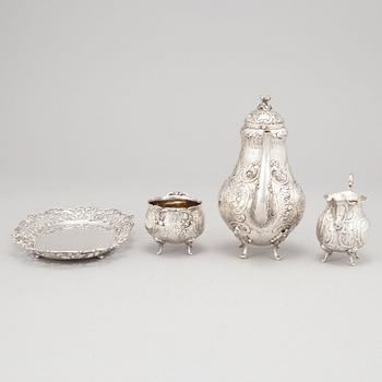 A silver mocha pot, creamer, sugar bowl and tray, some with mark of Gewe, Malmö 1950-51.
