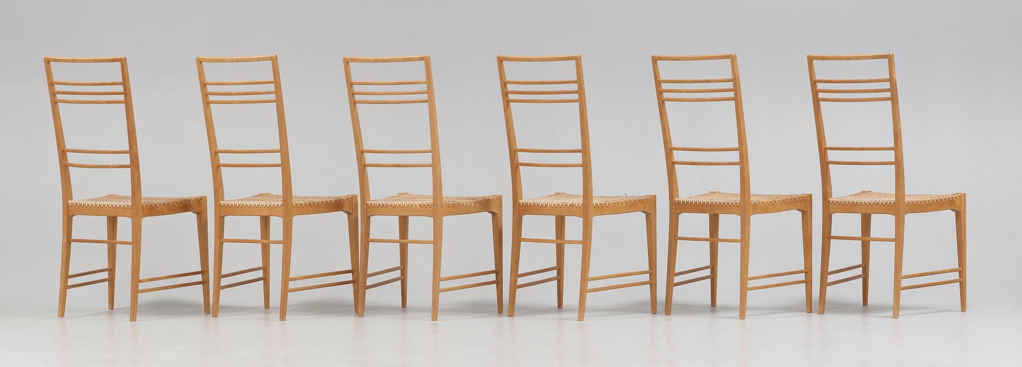 A set of six Erik Chambert 'Poem' birch and rattan dining chairs, Chambert's, Norrköping, Sweden, probably 1950's.