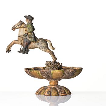 A pottered figure of a solider and horse, presumably late 17th century.