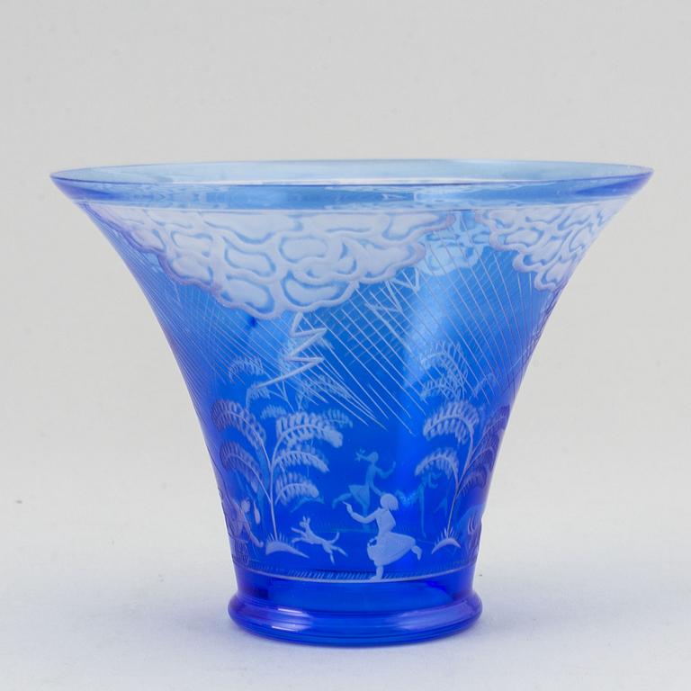 Edward Hald, a "Thunderstorm" engraved blue glass bowl, Orrefors, Sweden 1976.