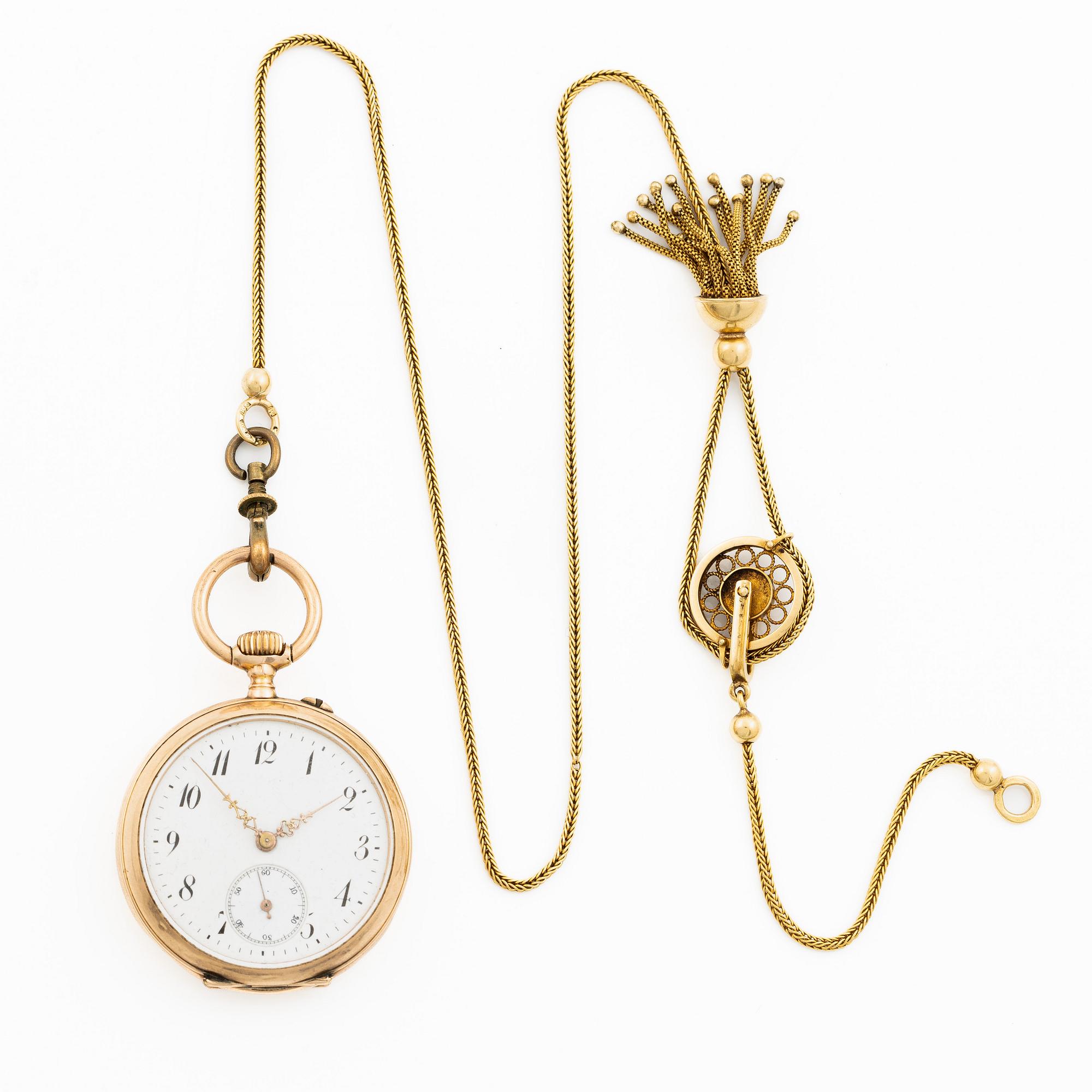 Pocket watch, 37 mm, 14K gold, Chain in 18K gold.