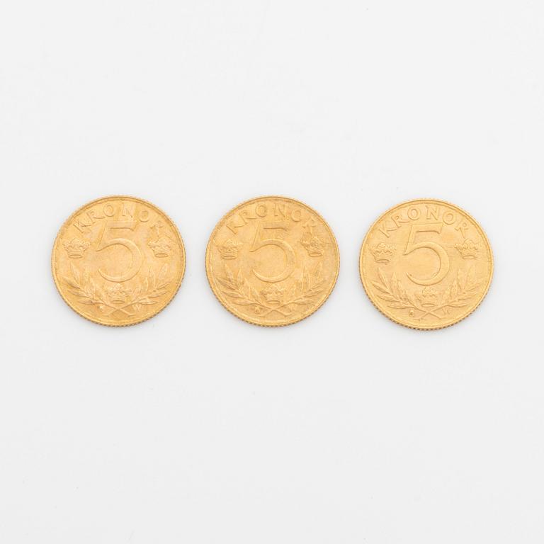 Gustav V, guldmynt 3 st, 5 kr, 1920.