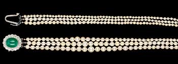A cultured pearl, emerald and diamond necklace, 1950's.