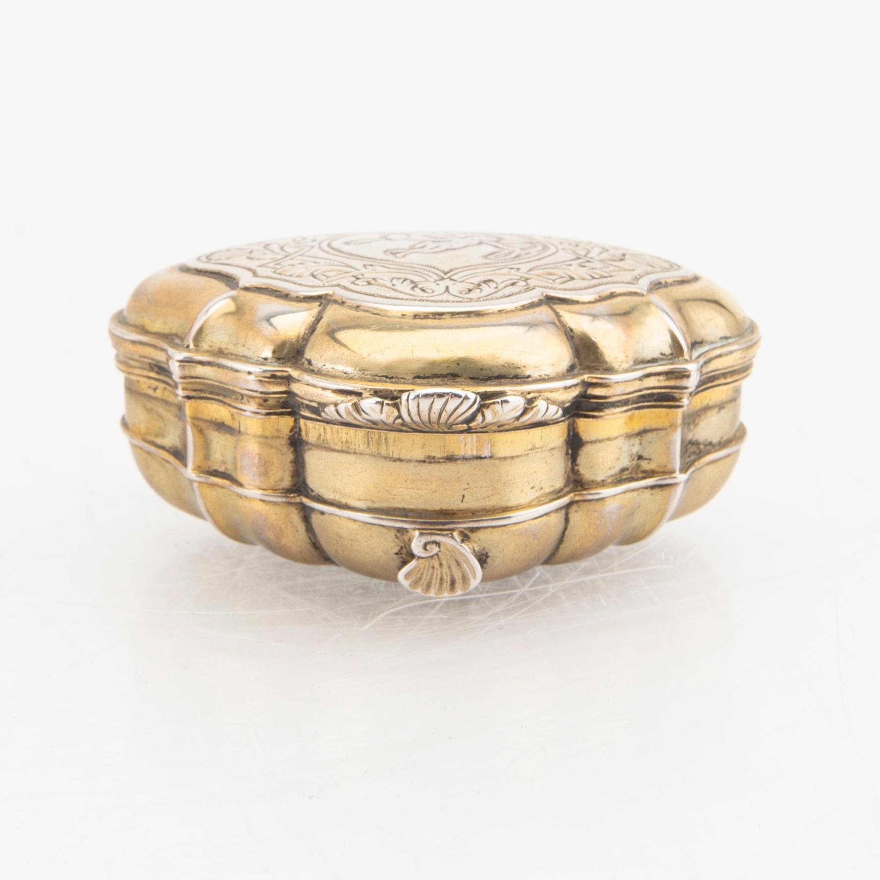 Jorgen Nielsen Brosboll dosa delvis förgyllt silver Veijle 1749 rokoko.