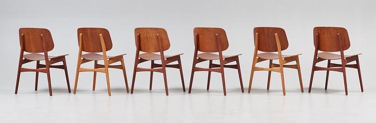 A set of six (4+2) Børge Mogensen teak dining chairs for Søborg Møbelfabrik, Denmark 1950's.