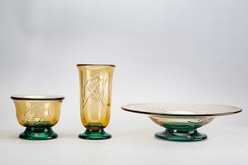 Gunnar Cyrén, bowls / vase, 3 pcs, Orrefors, signed.