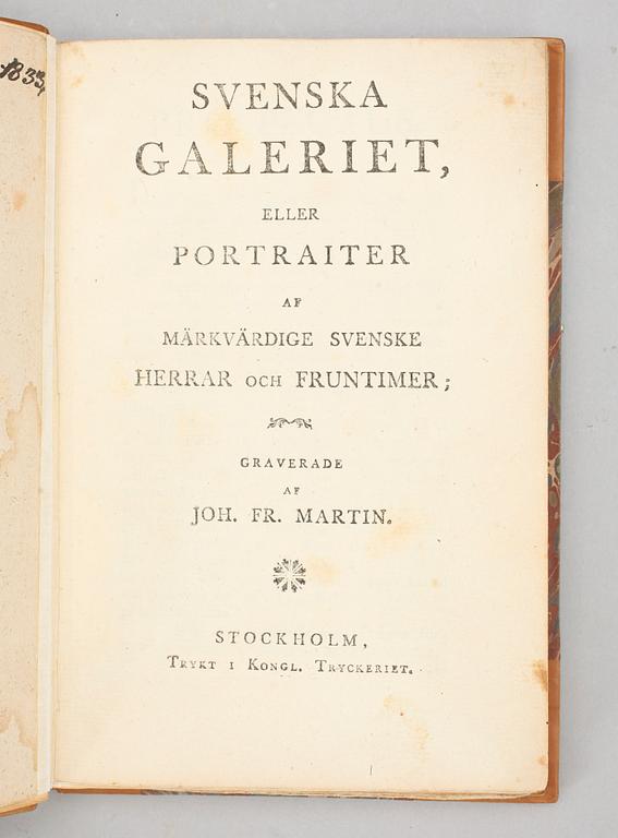 BOK, "Svenska galeriet eller portraiter af märkvärdige..." häfte 1 o 2, grav av J.F. Martin, Stockholm.