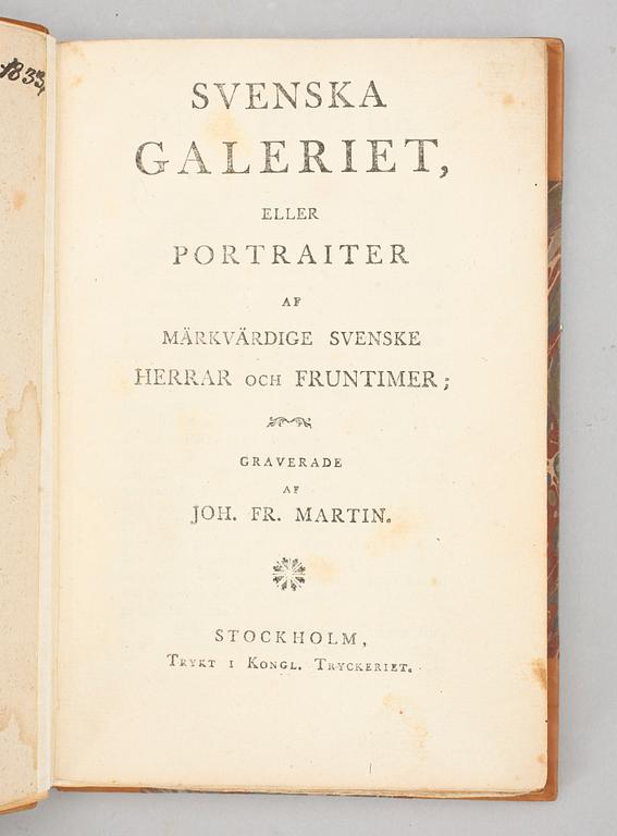 BOK, "Svenska galeriet eller portraiter af märkvärdige..." häfte 1 o 2, grav av J.F. Martin, Stockholm.