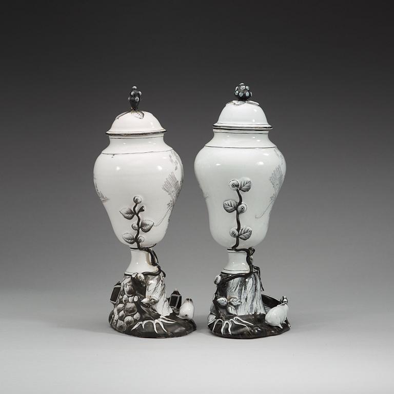 A pair of Swedish faience vases with covers, Marieberg, 18th Century.