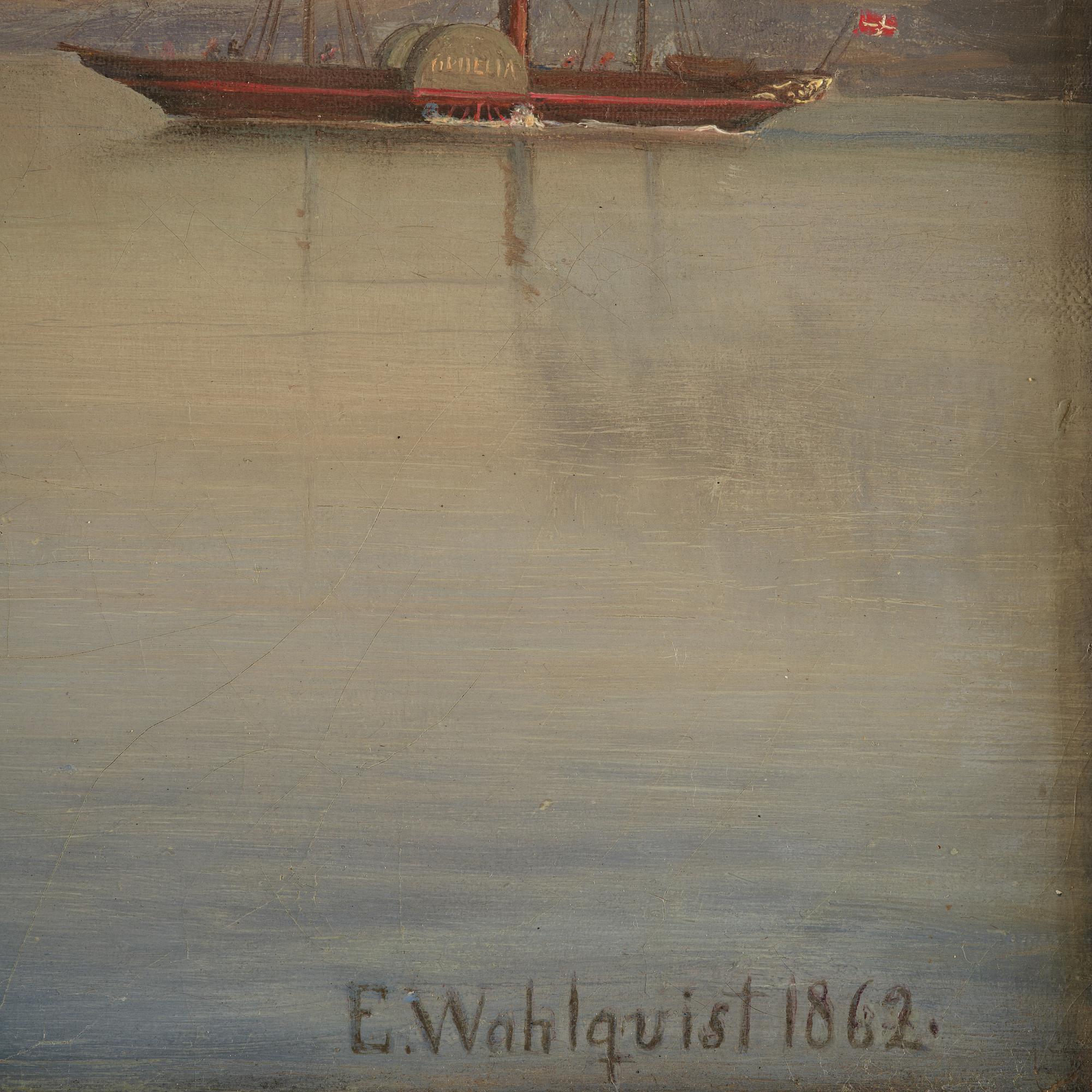 Ehrnfried Wahlqvist Warship at anchor in calm waters by Kronborg Castle.