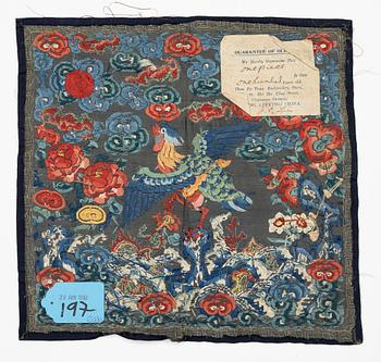 An embroidered rank badge with a bird, Qing dynasty, 19th century.