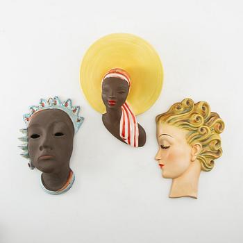 Wall masks 3 pcs including Keramo and Wallendorf Germany/Austria mid-20th century porcelain.