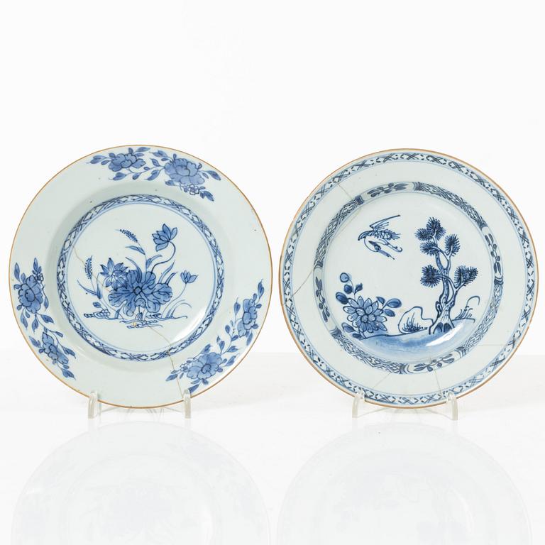 A group of three Chinese blue and white porcelain serving dishes and five dessert plates, Qing dynasty, Qianlong(1736-95.