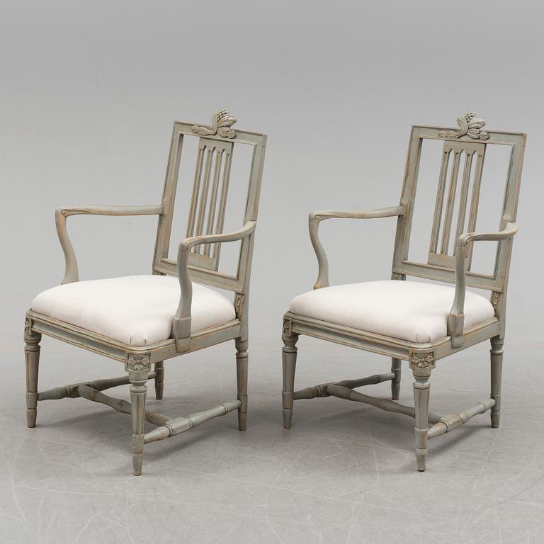 A pair of gustavian armchairs, Lindome, 18th century.