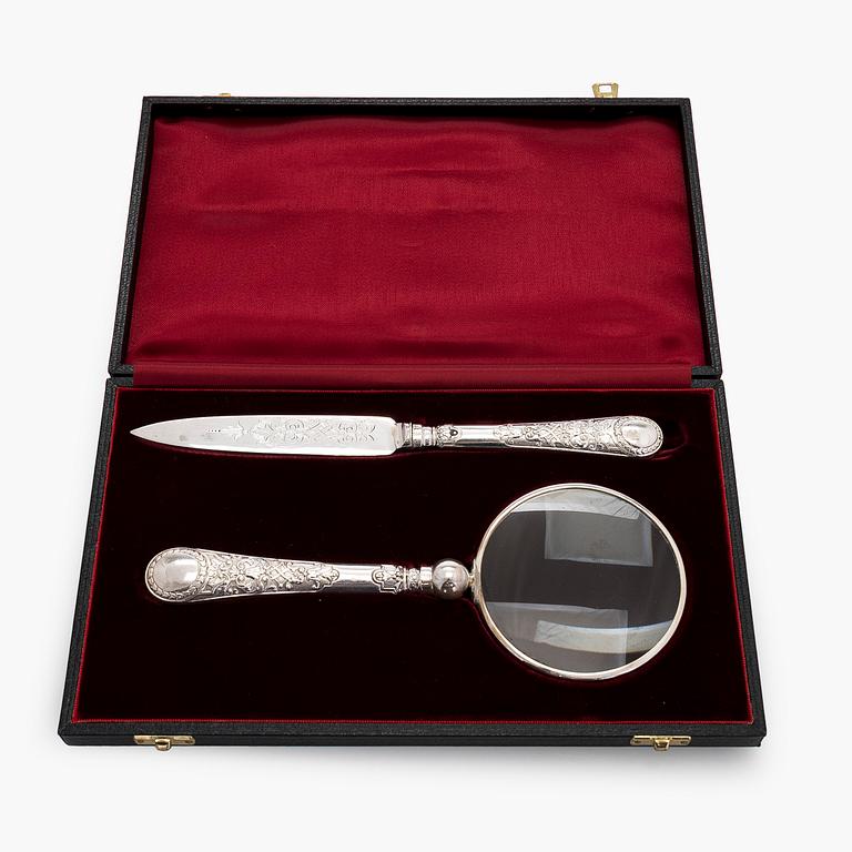 Förstoringsglas och brevkniv, silver, Martin, Hall & Co London 1875. I ask.