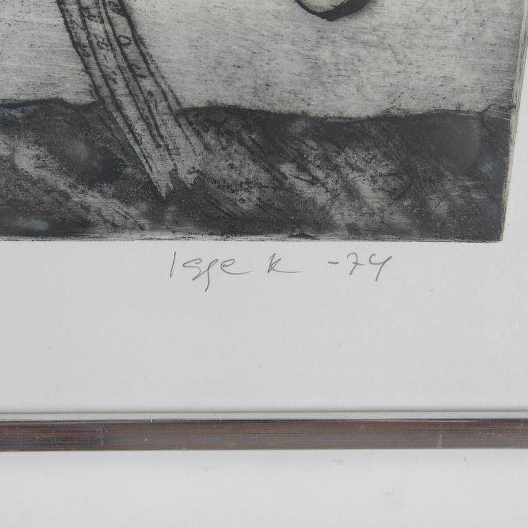 IGGE KARLSSON, 2 st, etsningar, signerade och numrerad 3/35 samt 4/5, daterade -74.
