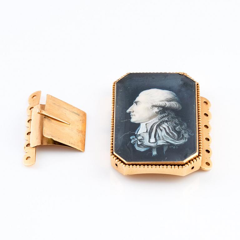 Miniatyrporträtt daterad 1788 infattad i halssmycke, 14 K guld, sannolikt Frankrike.