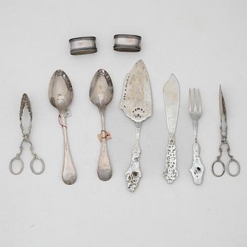 Bestick och servettringar, 9 delar, silver, bl a Gewe Silvervarufabriken Ab, Malmö 1952.