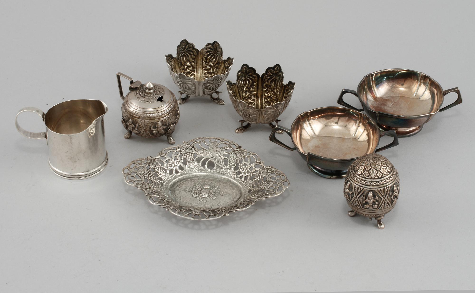 PARTI SILVER, 8 delar, bl a Stockholm och Birmingham, 1900-tal. Vikt 326 g.