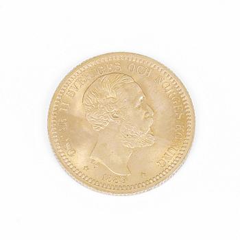 GULDMYNT, troligen omkring 20 karat. Oscar II, 20 kr. Vikt ca 8,9 gram.