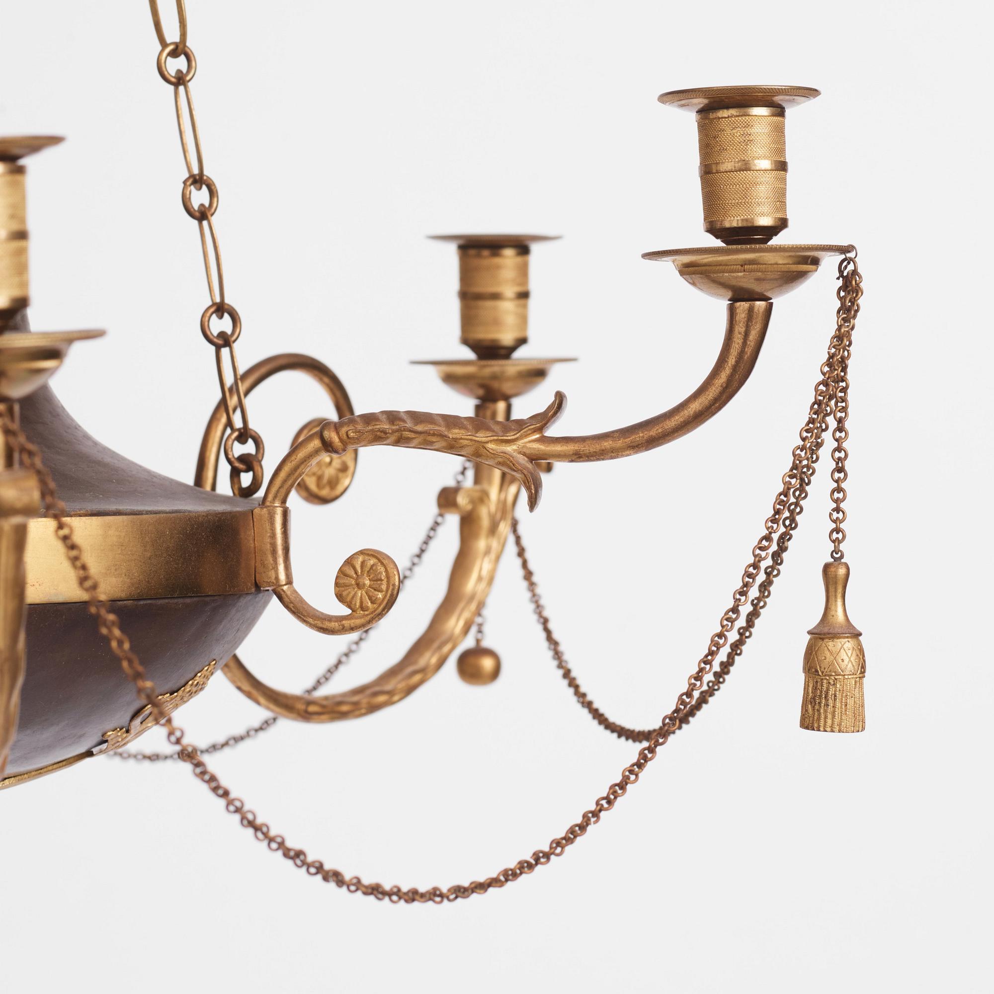 A late Gustavian ormolu and patinated bronze six-branch chandelier, Stockholm circa 1800.