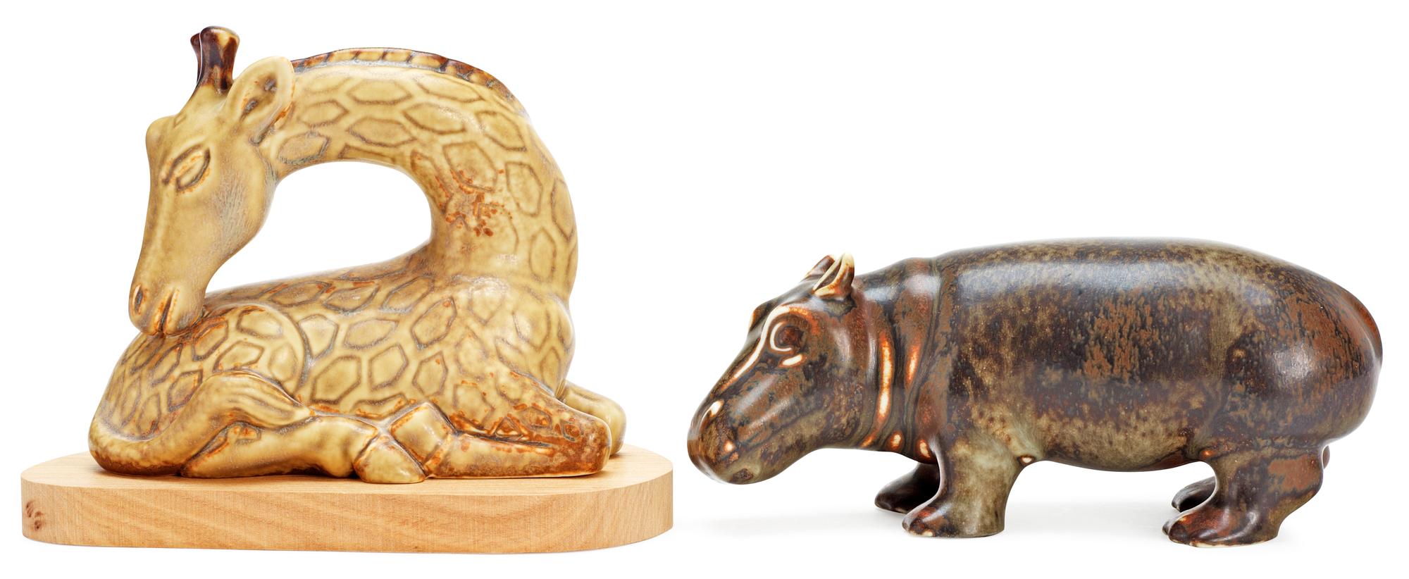 Two Gunnar Nylund stoneware figures of a hippo and a giraffe, Rörstrand.